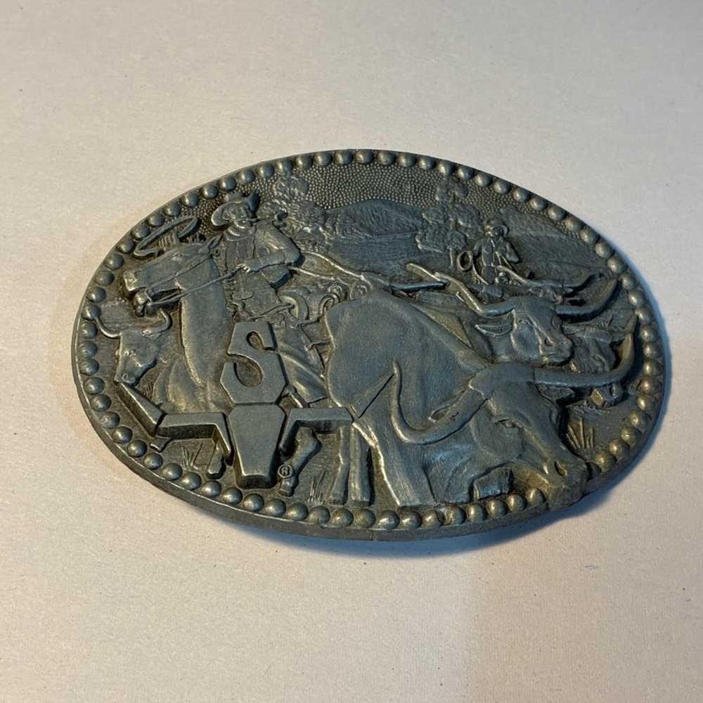 ZEE SERIES Pewter Cowboy Belt Buckle Cattle Drive Texas Rodeo Longhorn Cow Steer